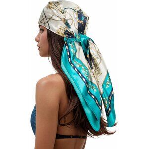 Women's  Turquoise Head Scarf Like Silk Printed Square Hair Bandanas 35 Inches